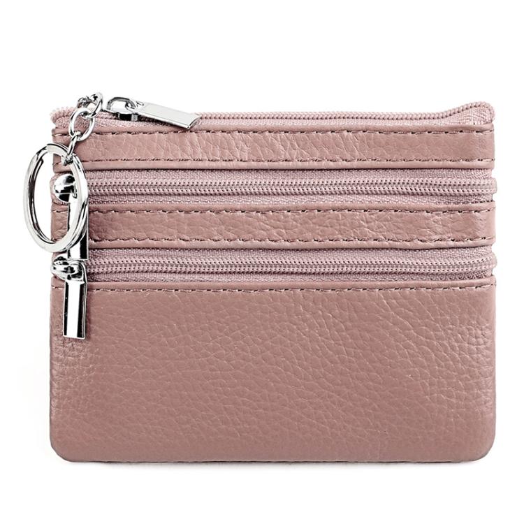 Genuine leather key coin purse with double zippers, blush pink color