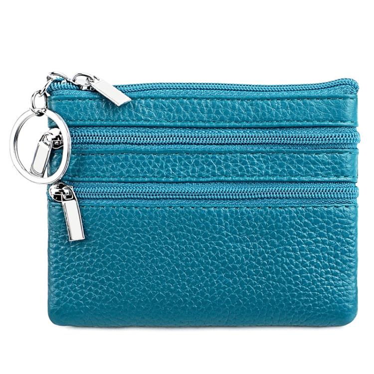 Genuine leather key coin purse with double zippers, teal blue color
