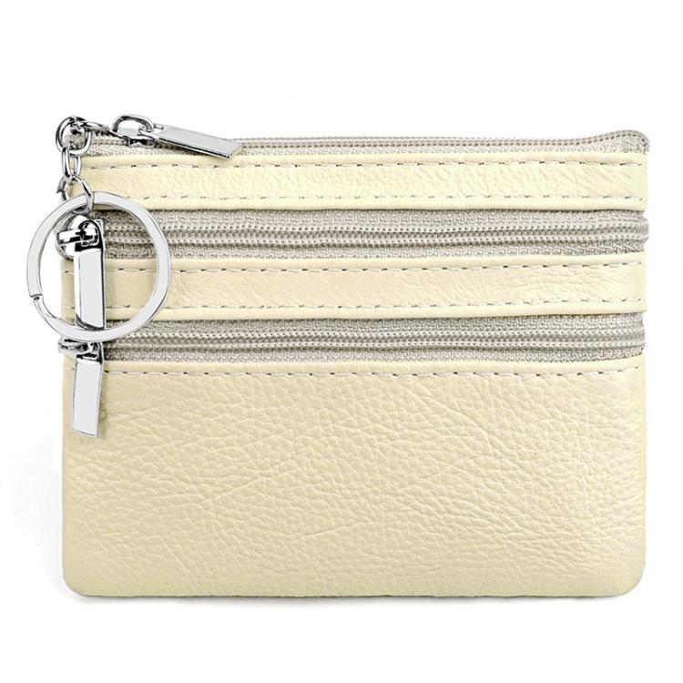Genuine leather double-zip key coin purse in light cream, with key ring and silver hardware.