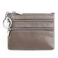 Genuine leather double-zip key coin purse in taupe brown, with key ring and silver hardware.