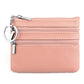 Genuine leather double-zip key coin purse in pink, with key ring and silver hardware.