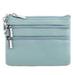 Genuine leather double-zip key coin purse in light blue, with key ring and silver hardware.