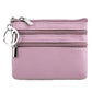Genuine leather double-zip key coin purse in lavender, with key ring and silver hardware.