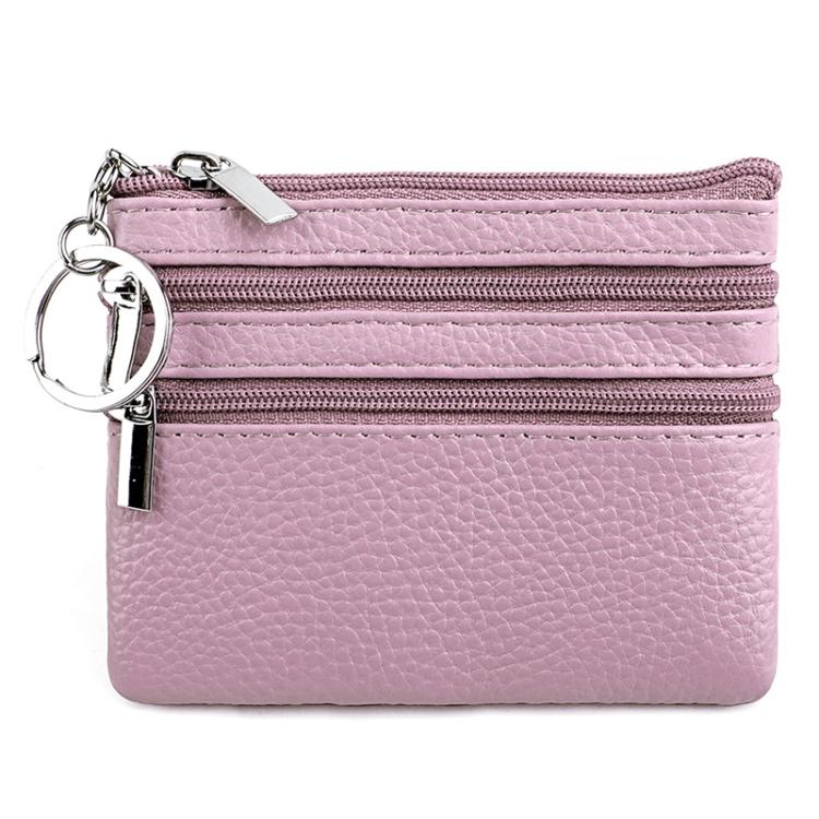 Genuine leather double-zip key coin purse in lavender, with key ring and silver hardware.