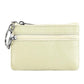 Cream leather zipper key coin purse with metal key ring and double zipper tracks.