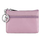 Mauve pink leather zipper key coin purse with metal key ring and double zipper tracks.