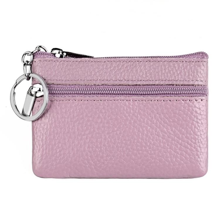 Mauve pink leather zipper key coin purse with metal key ring and double zipper tracks.