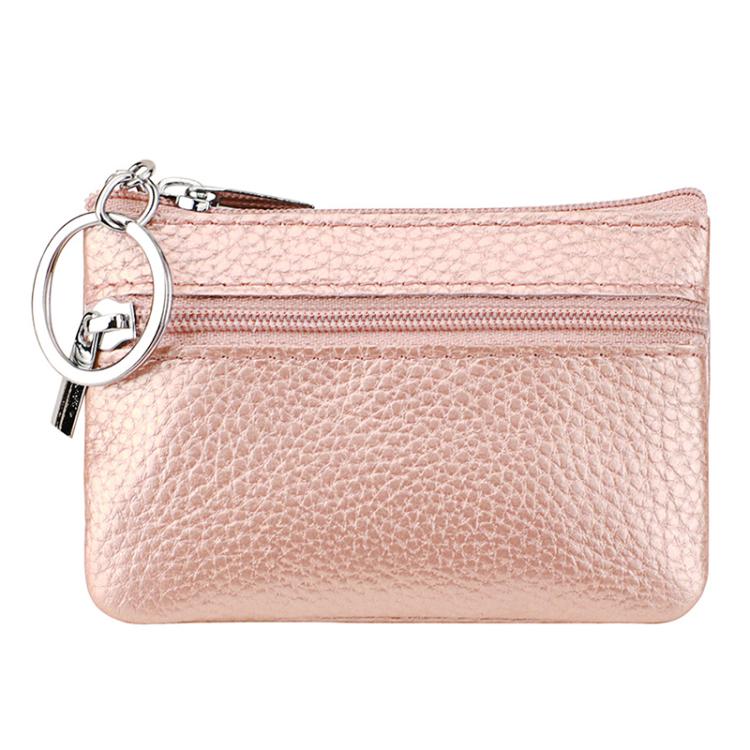 Light pink genuine leather zipper key coin purse with keyring