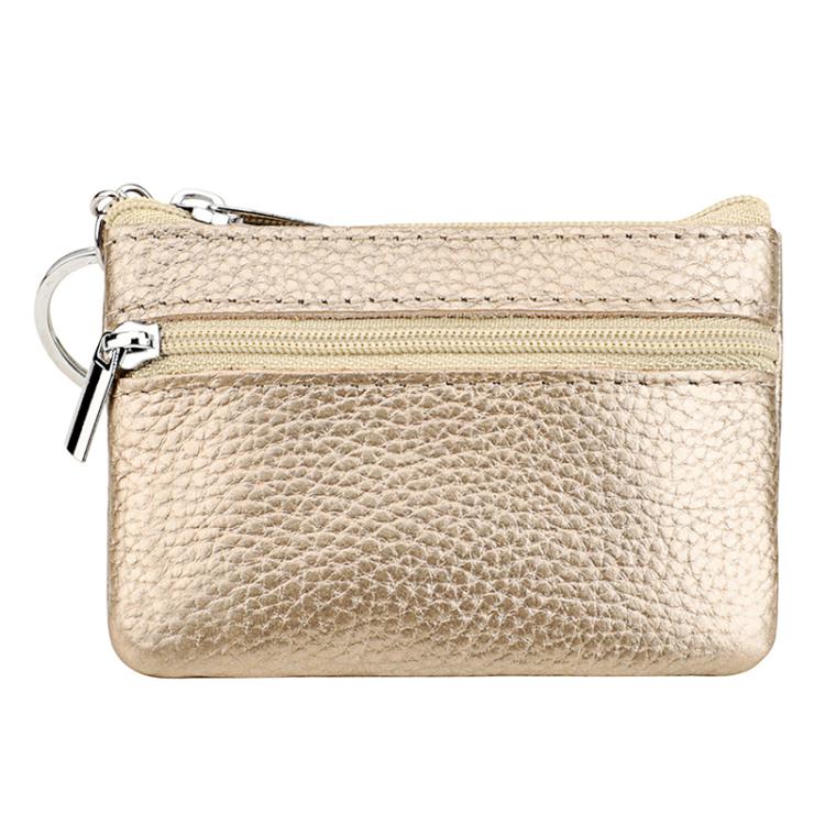 Beige genuine leather zipper key coin purse with keyring