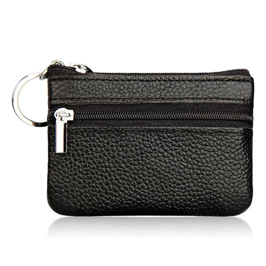 Black genuine leather zipper coin purse with key ring, dual zip compartments