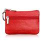 Red genuine leather zipper coin purse with key ring and dual zip compartments
