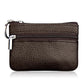 Brown genuine leather zipper coin purse with key ring and dual zip compartments