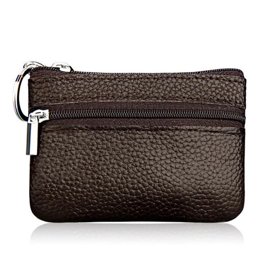 Brown genuine leather zipper coin purse with key ring and dual zip compartments