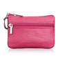 Pink genuine leather zipper coin purse with key ring and dual zip compartments