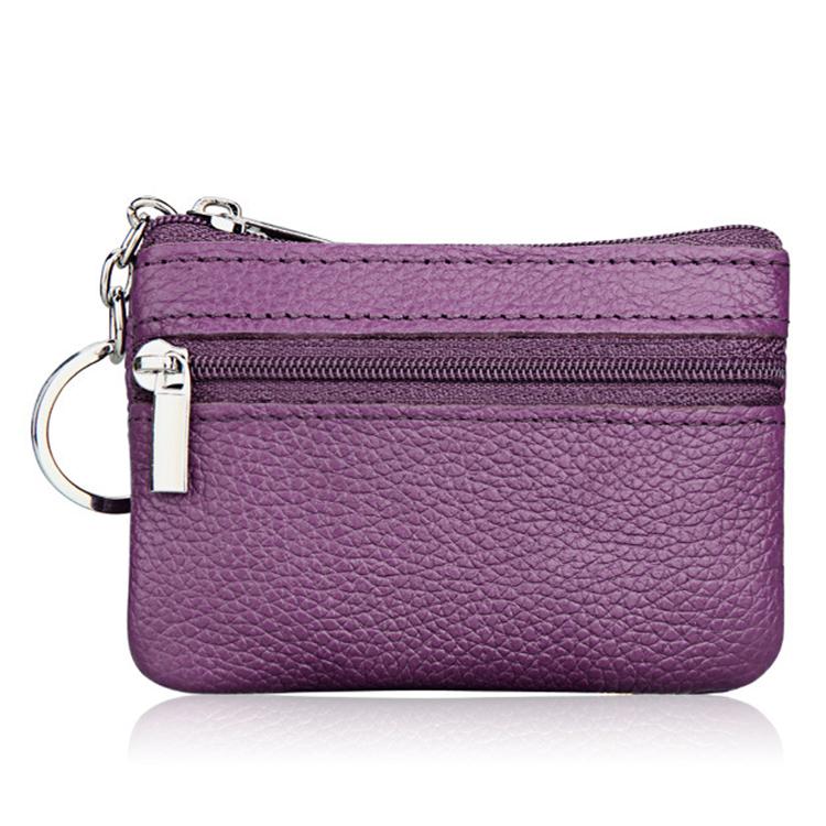 Purple genuine leather zipper coin purse with key ring and dual zip compartments
