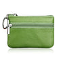 Green genuine leather zipper coin purse with key ring and dual zip compartments