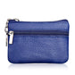 Blue genuine leather zipper coin purse with key ring and dual zip compartments