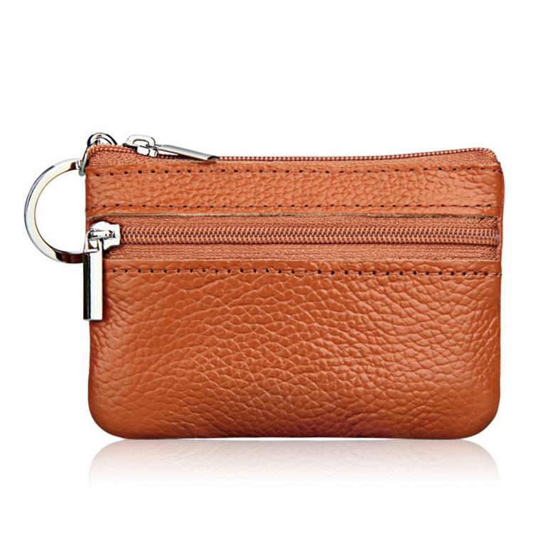 Apricot genuine leather zipper coin purse with key ring and dual zip compartments