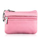 Pink genuine leather zipper key coin purse with metal key ring and double zipper.