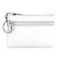 White genuine leather zipper key coin purse with metal key ring and two zippers.