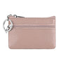 Rose pink genuine leather zipper key coin purse with metal key ring and double zipper.