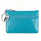 Turquoise genuine leather zipper key coin purse with metal key ring and two zippers.