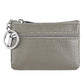 Gray genuine leather zipper key coin purse with metal key ring and two zipper tracks.