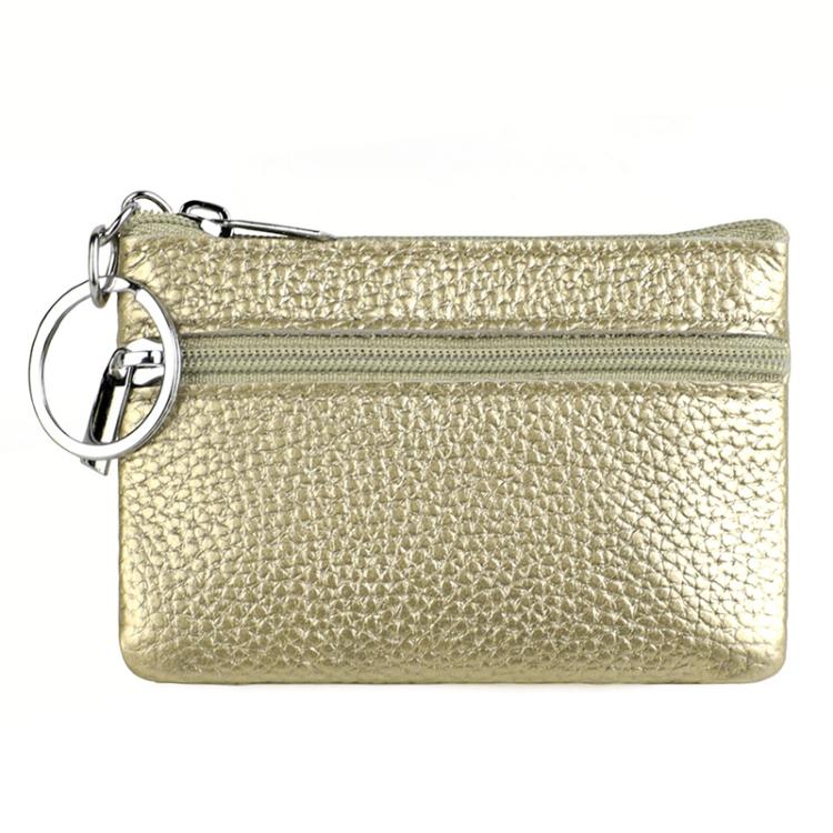 Gold-tone genuine leather zipper key coin purse with metal key ring and double zipper.