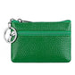 Green genuine leather zipper key coin purse with metal key ring and two zippers.