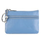 Light blue leather zipper key coin purse with metal key ring and double zipper tracks.