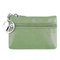 Light green leather zipper key coin purse with metal key ring and double zipper tracks.