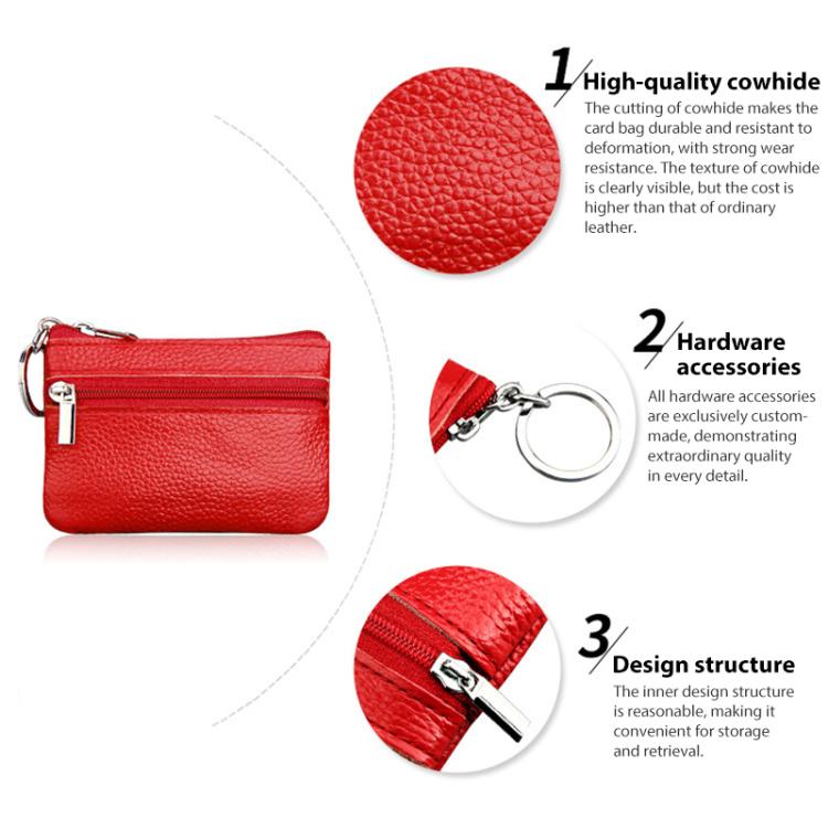 Red genuine leather zipper key coin purse with metal keyring clasp