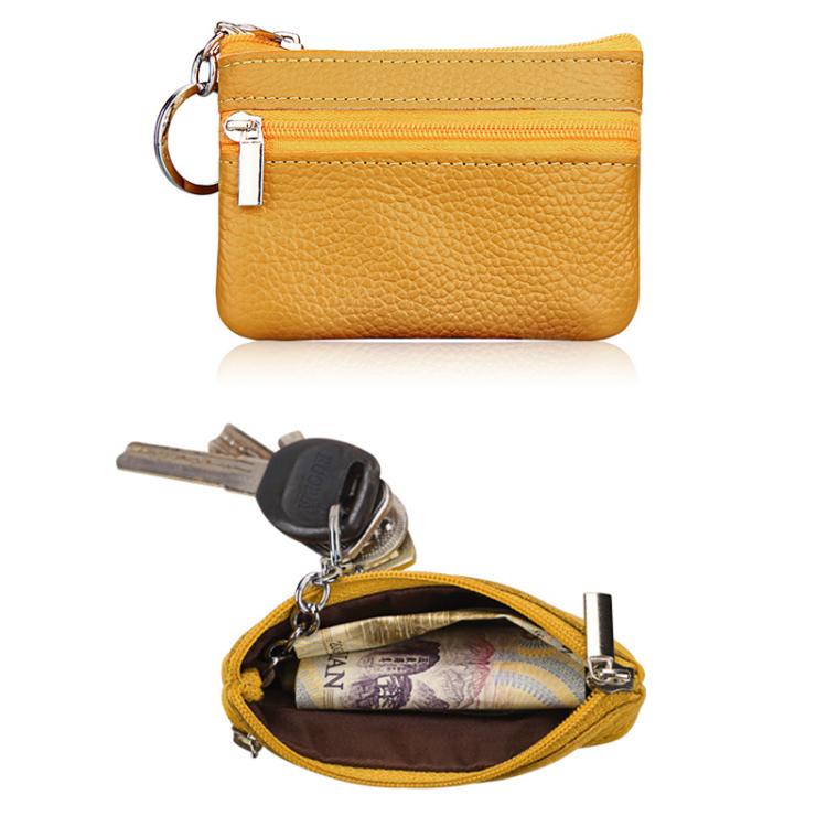 Yellow genuine leather zipper key coin purse with keyring, holds keys