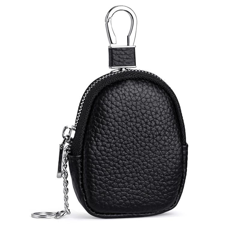 Mini genuine leather coin bag keychain, black pebble-grain with zipper and carabiner loop