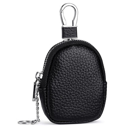 Mini genuine leather coin bag keychain, black pebble-grain with zipper and carabiner loop