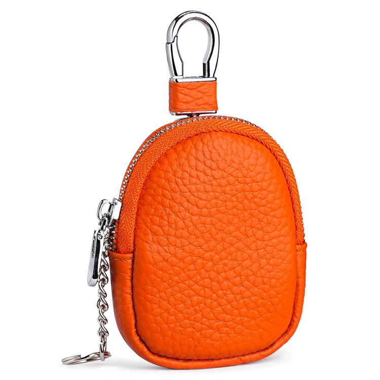 Mini genuine leather coin bag keychain, bright orange pebble-grain with zipper and carabiner loop