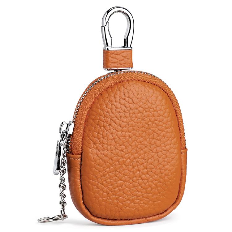 Mini genuine leather coin bag keychain, light orange pebble-grain with zipper and carabiner loop