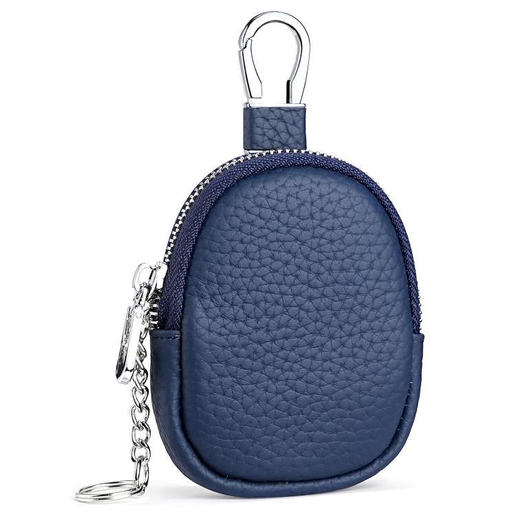 Mini genuine leather coin bag keychain, dark blue pebble-grain with zipper and carabiner loop