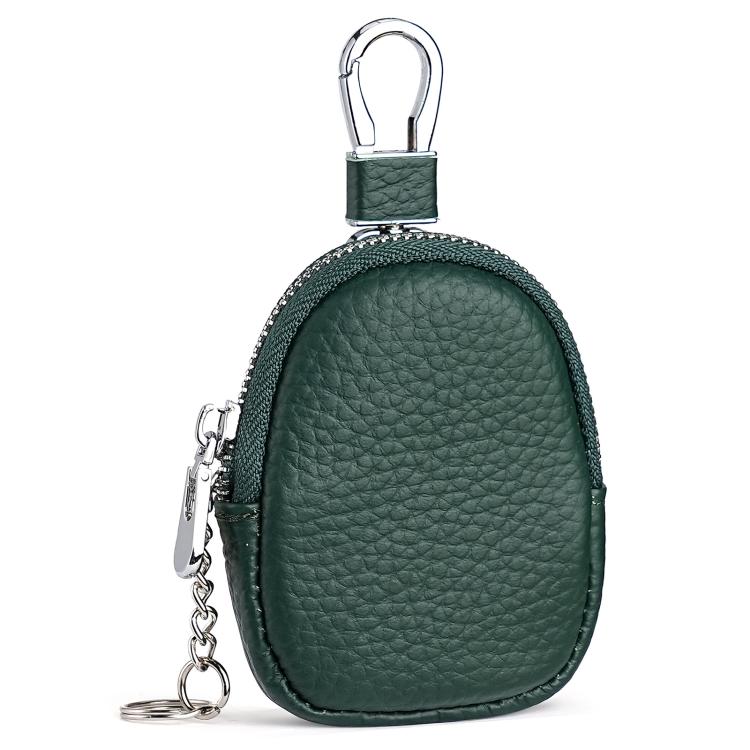 Mini genuine leather coin bag keychain, dark green pebble-grain with zipper and carabiner loop
