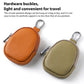 Mini leather coin bag keychains with carabiner loops, orange and olive tan pebble-grain