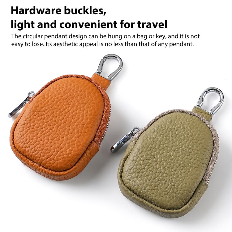 Mini leather coin bag keychains with carabiner loops, orange and olive tan pebble-grain