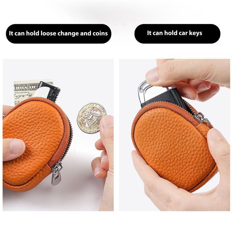 Orange mini leather coin pouch with zipper, showing car key and coin storage clips
