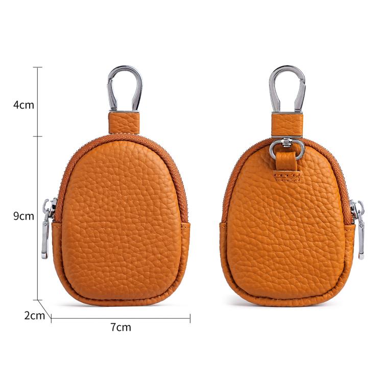 Orange mini leather coin pouch, front and back size diagram with zipper and key loop