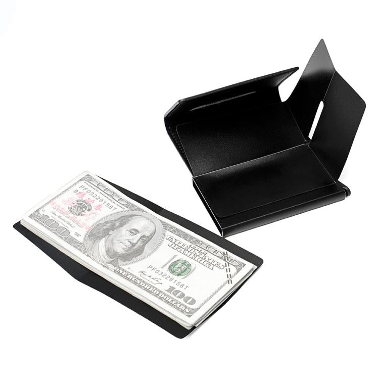 Black RFID anti-theft card holder with U.S. bill placed inside open tray