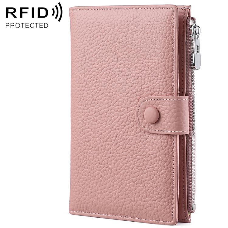 Pink genuine leather RFID document storage bag with side zipper and snap button closure