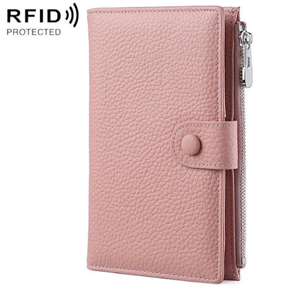 Pink genuine leather RFID document storage bag with side zipper and snap button closure