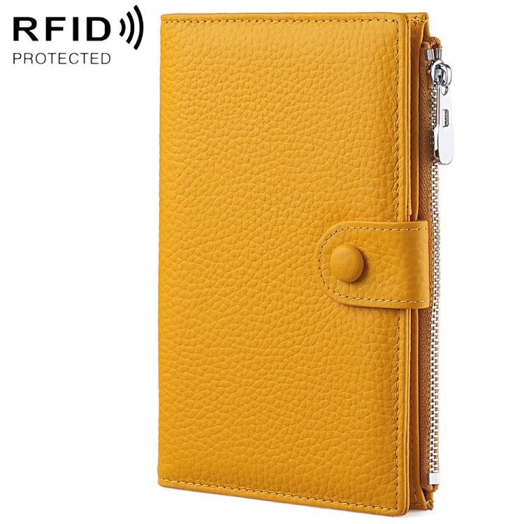 Yellow genuine leather RFID document storage bag with side zipper and snap button tab