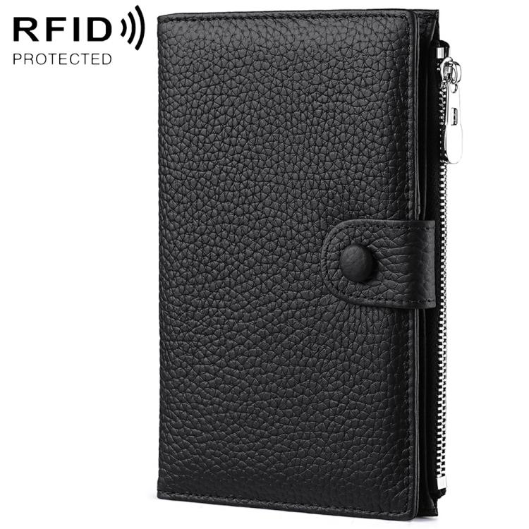 Black genuine leather RFID document storage bag with side zipper and snap button strap