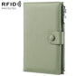 Light green genuine leather RFID document storage bag with side zipper and snap button closure