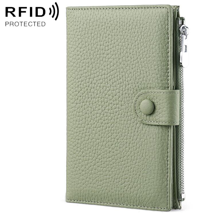 Light green genuine leather RFID document storage bag with side zipper and snap button closure